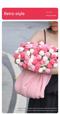 Pink and White Diameter: 120 cm -52 Woven Flowers Handmade Rose Bouquet Knit Blanket - Soft Pink Acrylic Throw with 3D Croche