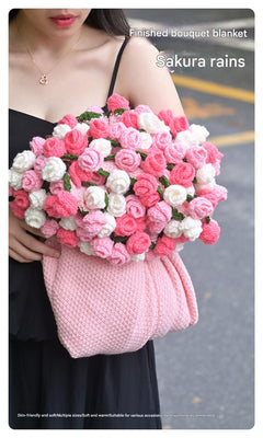 Pink and White Diameter: 160 cm -99 Woven Flowers Handmade Rose Bouquet Knit Blanket - Soft Pink Acrylic Throw with 3D Croche