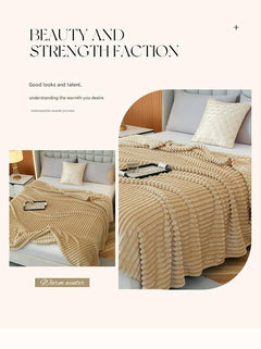 200*230cm Light Coffee Solid Colour Flannel Throw Blanket - Thick Double-Sided Fleece with Ribbed Texture - Soft throw blanke