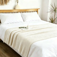 Off-white 130*170cm Nordic Style Tassel Knit Throw Blanket - Soft Polyester Sofa Blanket with Pineapple Texture - Breathable 