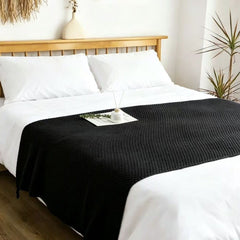 Black 110*150cm Nordic Style Tassel Knit Throw Blanket - Soft Polyester Sofa Blanket with Pineapple Texture - Breathable & Li