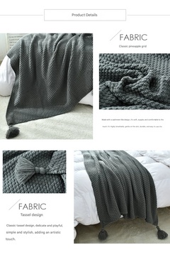 Black 110*150cm Nordic Style Tassel Knit Throw Blanket - Soft Polyester Sofa Blanket with Pineapple Texture - Breathable & Li