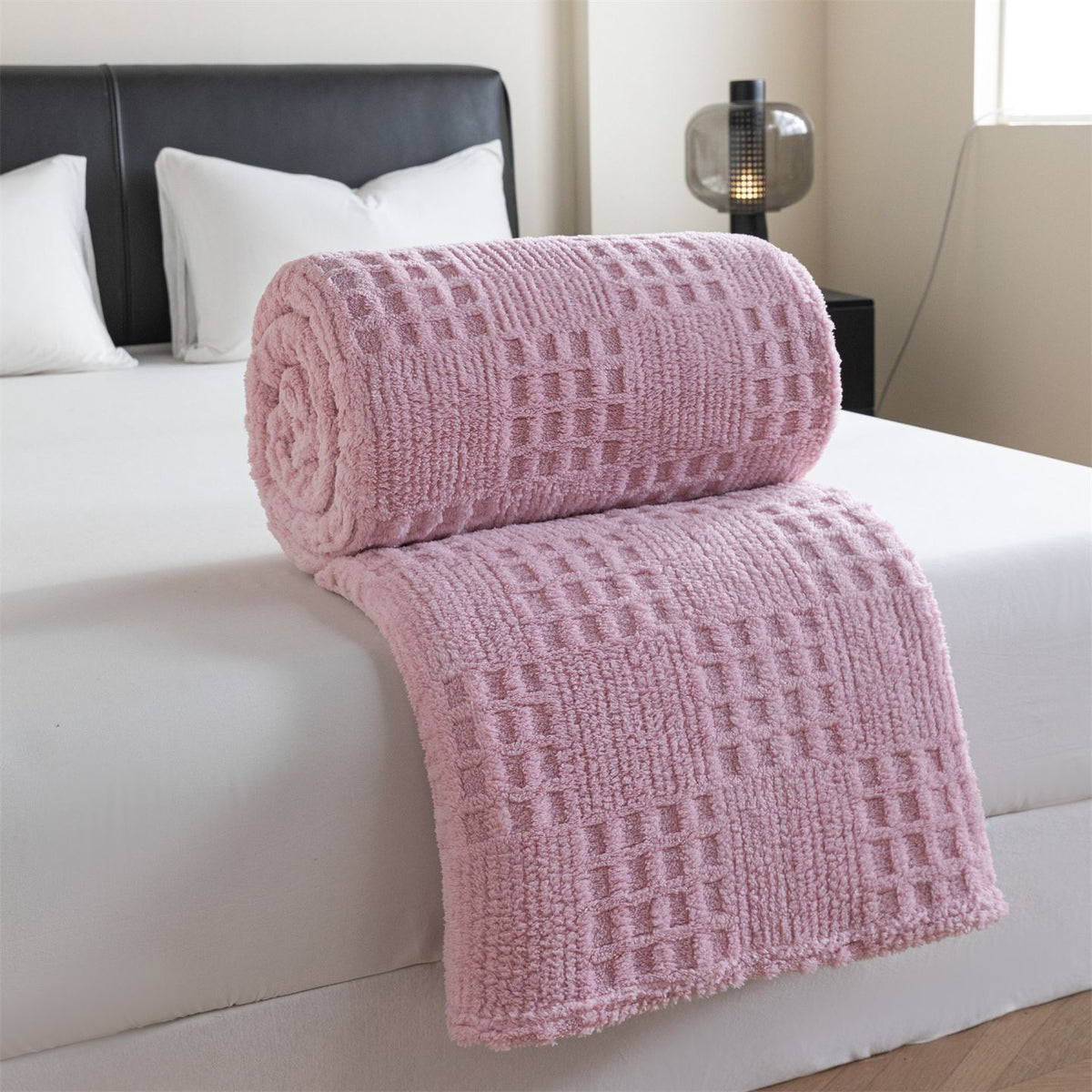 Pink 180*200cm Thickened Double-Sided Plush Waffle Weave Throw Blanket - Anti-Static Taffeta Velvet & Flannel Fleece - Warm, 