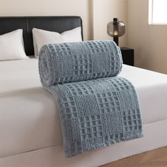Blue-gray 180*200cm Thickened Double-Sided Plush Waffle Weave Throw Blanket - Anti-Static Taffeta Velvet & Flannel Fleece - W