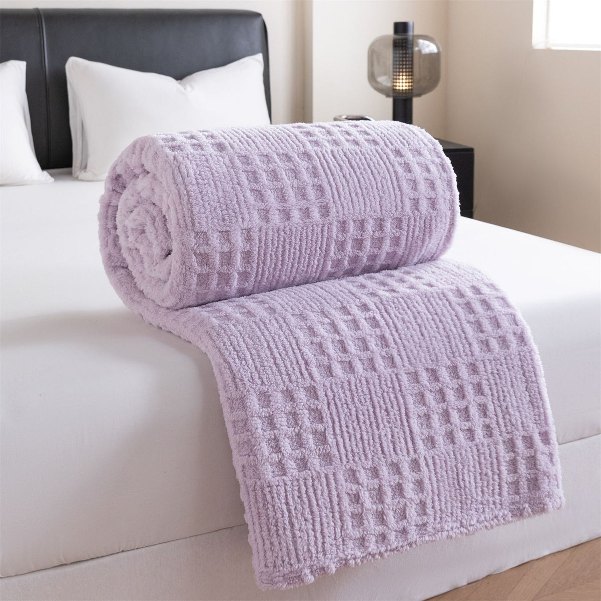 Purple 100*150cm Thickened Double-Sided Plush Waffle Weave Throw Blanket - Anti-Static Taffeta Velvet & Flannel Fleece - Warm