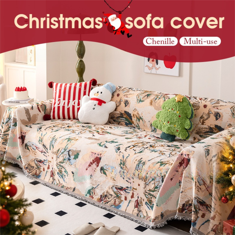 180 x 340 CM Christmas Jacquard Chenille Sofa Cover Throw Blanket with Tassel Fringe (Style 1), Elegant Festive Couch Protect