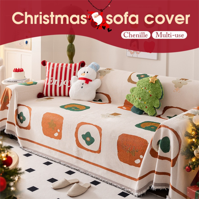 180 x 340 CM Christmas Jacquard Chenille Sofa Cover Throw Blanket with Tassel Fringe (Style 2), Elegant Festive Couch Protect