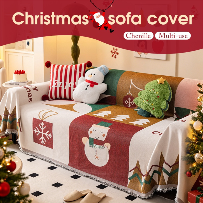 180 x 340 CM Christmas Jacquard Chenille Sofa Cover Throw Blanket with Tassel Fringe (Style 3), Elegant Festive Couch Protect