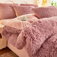 Dusty Rose Luxury Thick Plush 4 Piece Bedding Set for 1.5m & 1.8m Beds – Winter Ultra Soft Warm Bedding with Double-Sided Fau