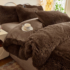 Coffee Luxury Thick Plush 4 Piece Bedding Set for 1.5m & 1.8m Beds – Winter Ultra Soft Warm Bedding with Double-Sided Faux Mi