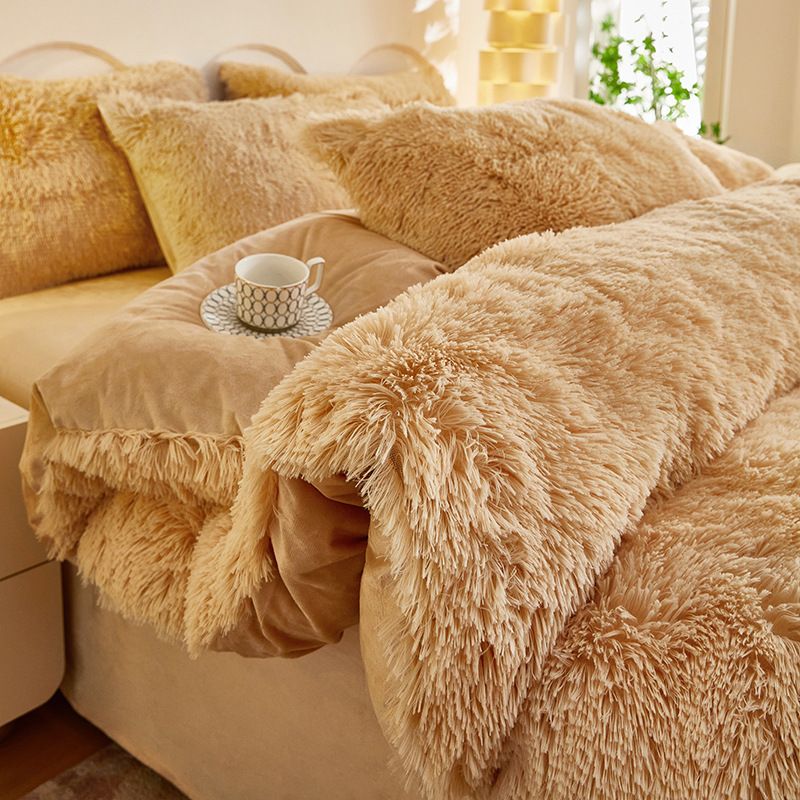 Khaki Luxury Thick Plush 4 Piece Bedding Set for 1.5m & 1.8m Beds – Winter Ultra Soft Warm Bedding with Double-Sided Faux Min