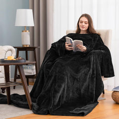 Black 180 x 120CM Extra Large Wearable Wrap Blanket with Sleeves and Large Pocket, Cozy Thickened Flannel Oversized TV Blanke