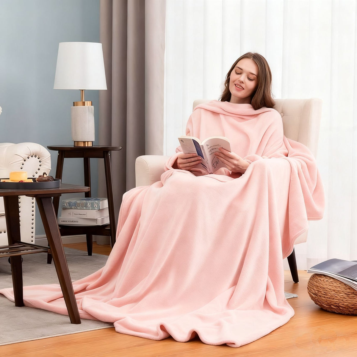 Pink 180 x 120CM Extra Large Wearable Wrap Blanket with Sleeves and Large Pocket, Cozy Thickened Flannel Oversized TV Blanket