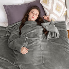 Pink 180 x 120CM Extra Large Wearable Wrap Blanket with Sleeves and Large Pocket, Cozy Thickened Flannel Oversized TV Blanket