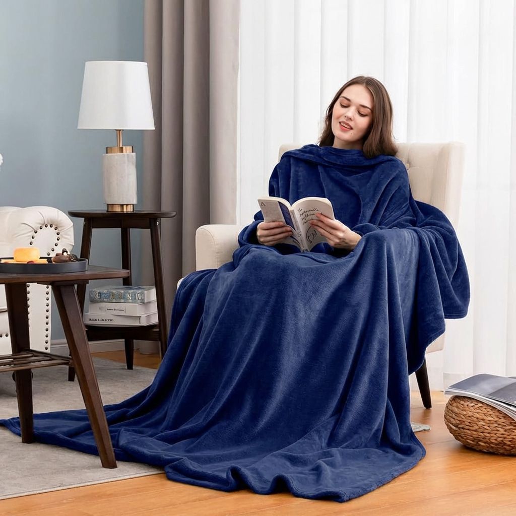Blue 180 x 120CM Extra Large Wearable Wrap Blanket with Sleeves and Large Pocket, Cozy Thickened Flannel Oversized TV Blanket