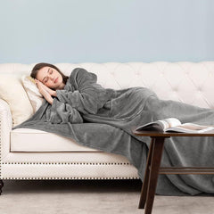 Blue 180 x 120CM Extra Large Wearable Wrap Blanket with Sleeves and Large Pocket, Cozy Thickened Flannel Oversized TV Blanket