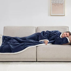 Grey 180 x 120CM Extra Large Wearable Wrap Blanket with Sleeves and Large Pocket, Cozy Thickened Composed Flannel Sherpa Flee