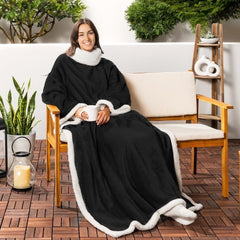 Black 180 x 120CM Extra Large Wearable Wrap Blanket with Sleeves and Large Pocket, Cozy Thickened Composed Flannel Sherpa Fle