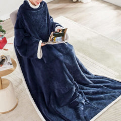 Blue 180 x 120CM Extra Large Wearable Wrap Blanket with Sleeves and Large Pocket, Cozy Thickened Composed Flannel Sherpa Flee