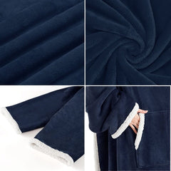 Blue 180 x 120CM Extra Large Wearable Wrap Blanket with Sleeves and Large Pocket, Cozy Thickened Composed Flannel Sherpa Flee