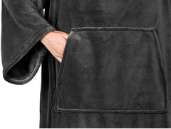 Winter Cozy Warm Loungewear Gift Set – 150 x 180CM Dark Grey Flannel Fleece Wearable Blanket with Adjustable Sleeves Large Fr