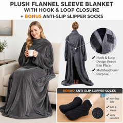 Winter Cozy Warm Loungewear Gift Set – 170 × 200CM Dark Grey Flannel Fleece Wearable Blanket with Adjustable Sleeves Large Fr
