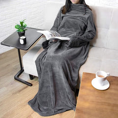 Winter Cozy Warm Loungewear Gift Set – 170 × 200CM Dark Grey Flannel Fleece Wearable Blanket with Adjustable Sleeves Large Fr