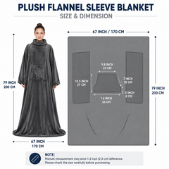 Winter Cozy Warm Loungewear Gift Set – 170 × 200CM Dark Grey Flannel Fleece Wearable Blanket with Adjustable Sleeves Large Fr