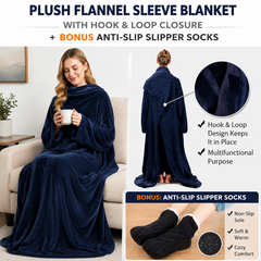 Winter Cozy Warm Loungewear Gift Set – 150 x 180CM Navy Blue Flannel Fleece Wearable Blanket with Adjustable Sleeves Large Fr