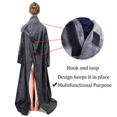Winter Cozy Warm Loungewear Gift Set – 170 × 200CM Navy Blue Flannel Fleece Wearable Blanket with Adjustable Sleeves Large Fr