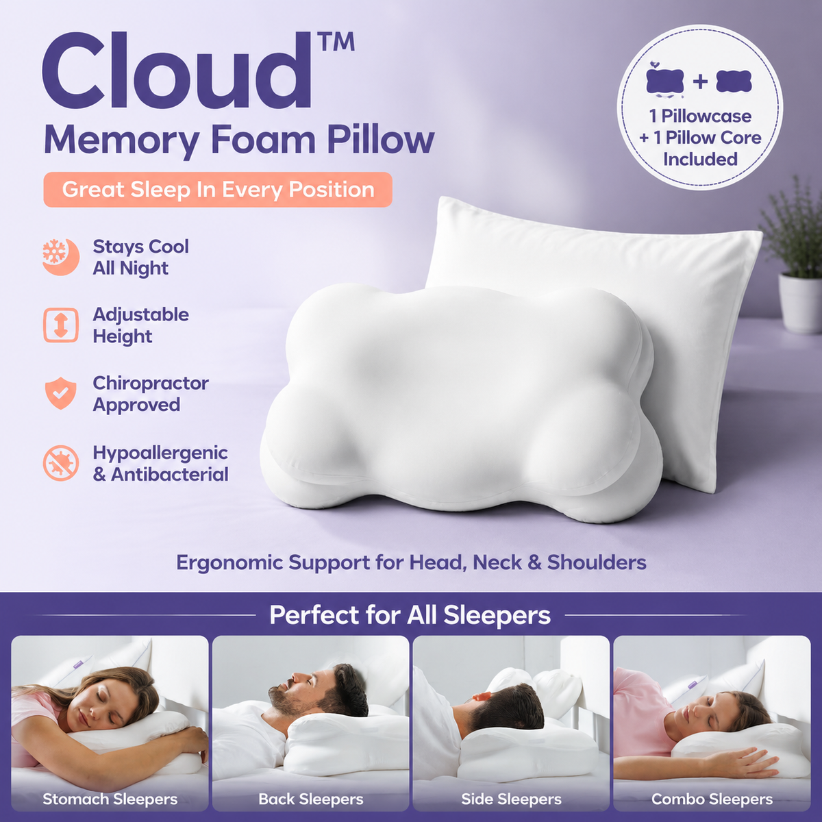 White Cloud Memory Foam Cervical Support Pillow Core and Cover (60 x 30 x 10CM) – Ergonomic Neck Orthopedic Contour Pillow fo