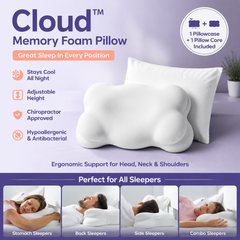 White Cloud Memory Foam Cervical Support Pillow Core and Cover (60 x 30 x 10CM) – Ergonomic Neck Orthopedic Contour Pillow fo
