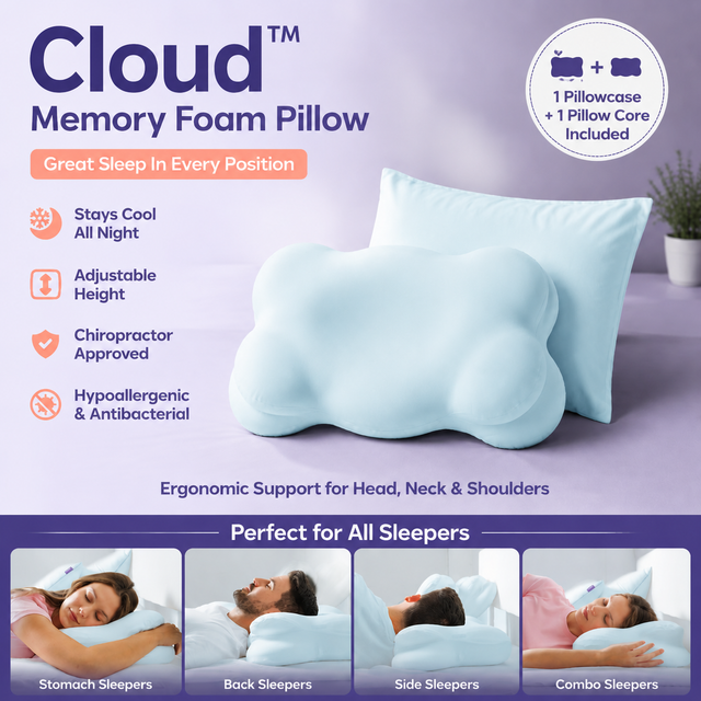 Light Blue Cloud Memory Foam Cervical Support Pillow Core and Cover (60 x 30 x 10CM) – Ergonomic Neck Orthopedic Contour Pill
