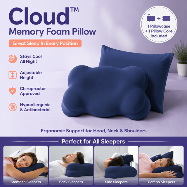 Navy Blue Cloud Memory Foam Cervical Support Pillow Core and Cover (71 x 38 x 13CM) – Ergonomic Neck Orthopedic Contour Pillo