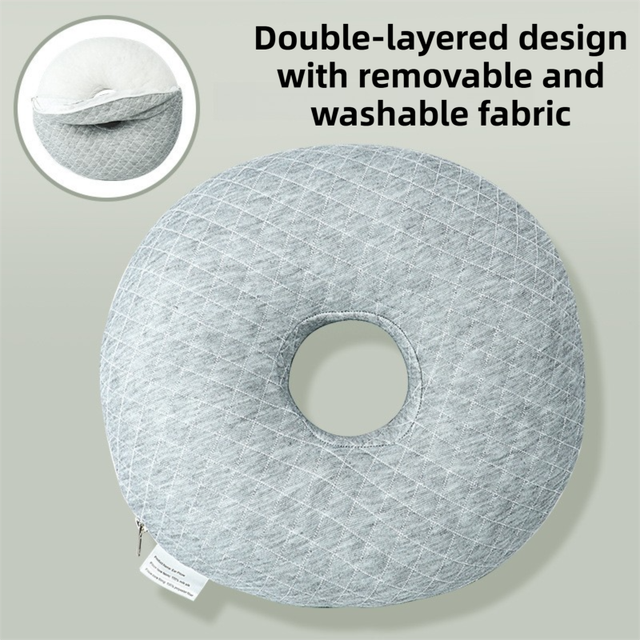 Quilted Grey 30CM Round Ear Protection Pillow with Hole Design – Milk Silk Removable Cover and PP Cotton Core, Side Sleeper P