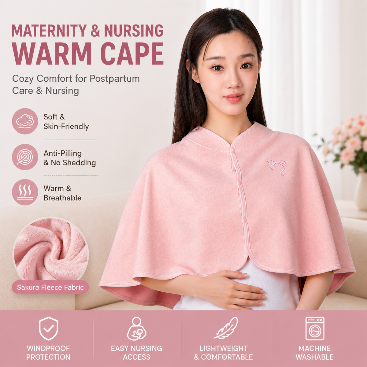 Pink Maternity Nursing Shoulder Wrap Cape – Ultra Soft Sakura Fleece Postpartum Shawl, Windproof Warm Nursing Cover for Breas