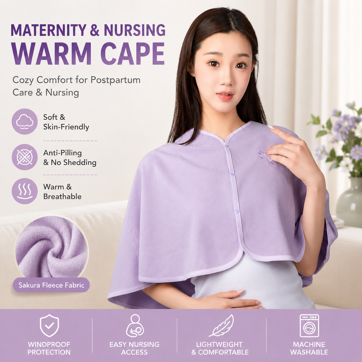 Purple Maternity Nursing Shoulder Wrap Cape – Ultra Soft Sakura Fleece Postpartum Shawl, Windproof Warm Nursing Cover for Bre