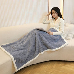Blue 90×140cm Textured bar knit pattern Sherpa Fleece and Taffeta Throw Blanket – Soft Loungewear Shawl, Warm Office & Sofa W