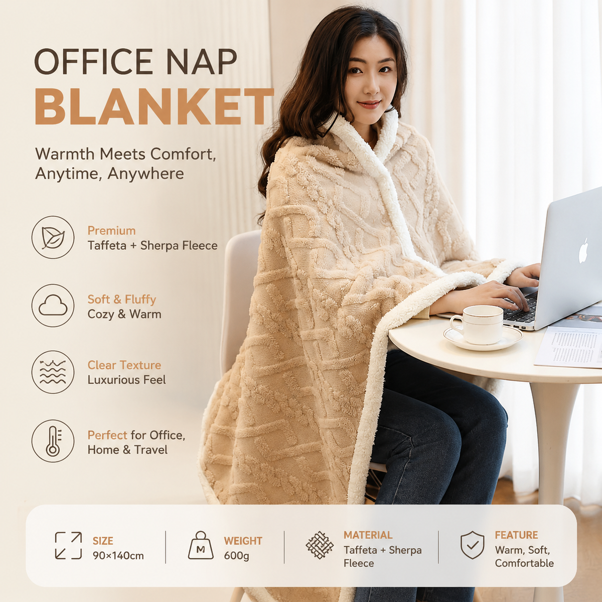Khaki 90×140cm Textured bar knit pattern Sherpa Fleece and Taffeta Throw Blanket – Soft Loungewear Shawl, Warm Office & Sofa 