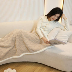 Khaki 90×140cm Textured bar knit pattern Sherpa Fleece and Taffeta Throw Blanket – Soft Loungewear Shawl, Warm Office & Sofa 