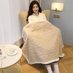 Khaki 90×140cm Textured bar knit pattern Sherpa Fleece and Taffeta Throw Blanket – Soft Loungewear Shawl, Warm Office & Sofa 