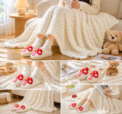 Mushroom-Themed Plush Slippers & Bubble Fleece Throw Blanket Set — A Cozy, Warm Winter Home Gift Bundle, Including Soft & War
