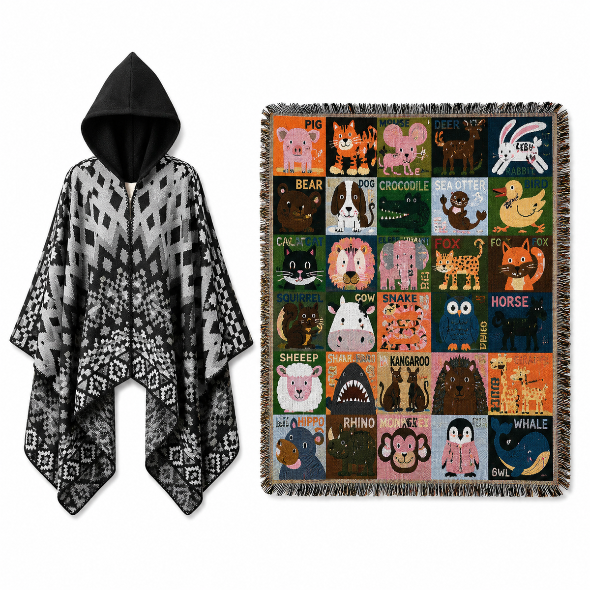 Black Warm Hooded Poncho Shawl and Animal Pattern Throw Blanket Set for Sofa, Bed and Winter Lounging