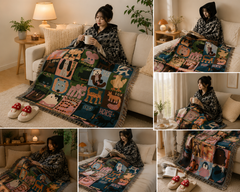 Black Warm Hooded Poncho Shawl and Animal Pattern Throw Blanket Set for Sofa, Bed and Winter Lounging