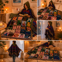 Blue-green Warm Hooded Poncho Shawl and Animal Pattern Throw Blanket Set for Sofa, Bed and Winter Lounging