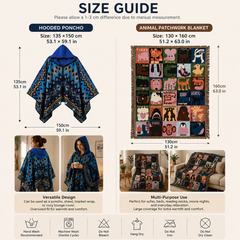 Blue-green Warm Hooded Poncho Shawl and Animal Pattern Throw Blanket Set for Sofa, Bed and Winter Lounging