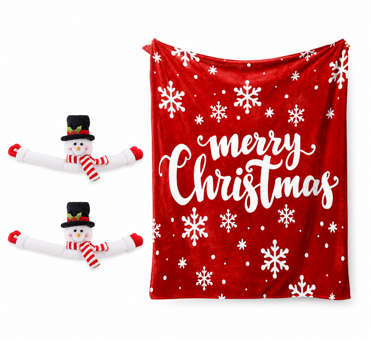 Christmas Flannel Throw Blanket and Snowman Curtain Tieback Set, 150*130cm Thick Fleece Sofa Blanket with 2 Plush Snowman Vel