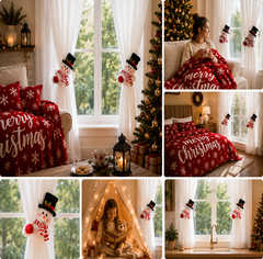 Christmas Flannel Throw Blanket and Snowman Curtain Tieback Set, 150*130cm Thick Fleece Sofa Blanket with 2 Plush Snowman Vel