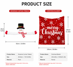 Christmas Flannel Throw Blanket and Snowman Curtain Tieback Set, 150*130cm Thick Fleece Sofa Blanket with 2 Plush Snowman Vel