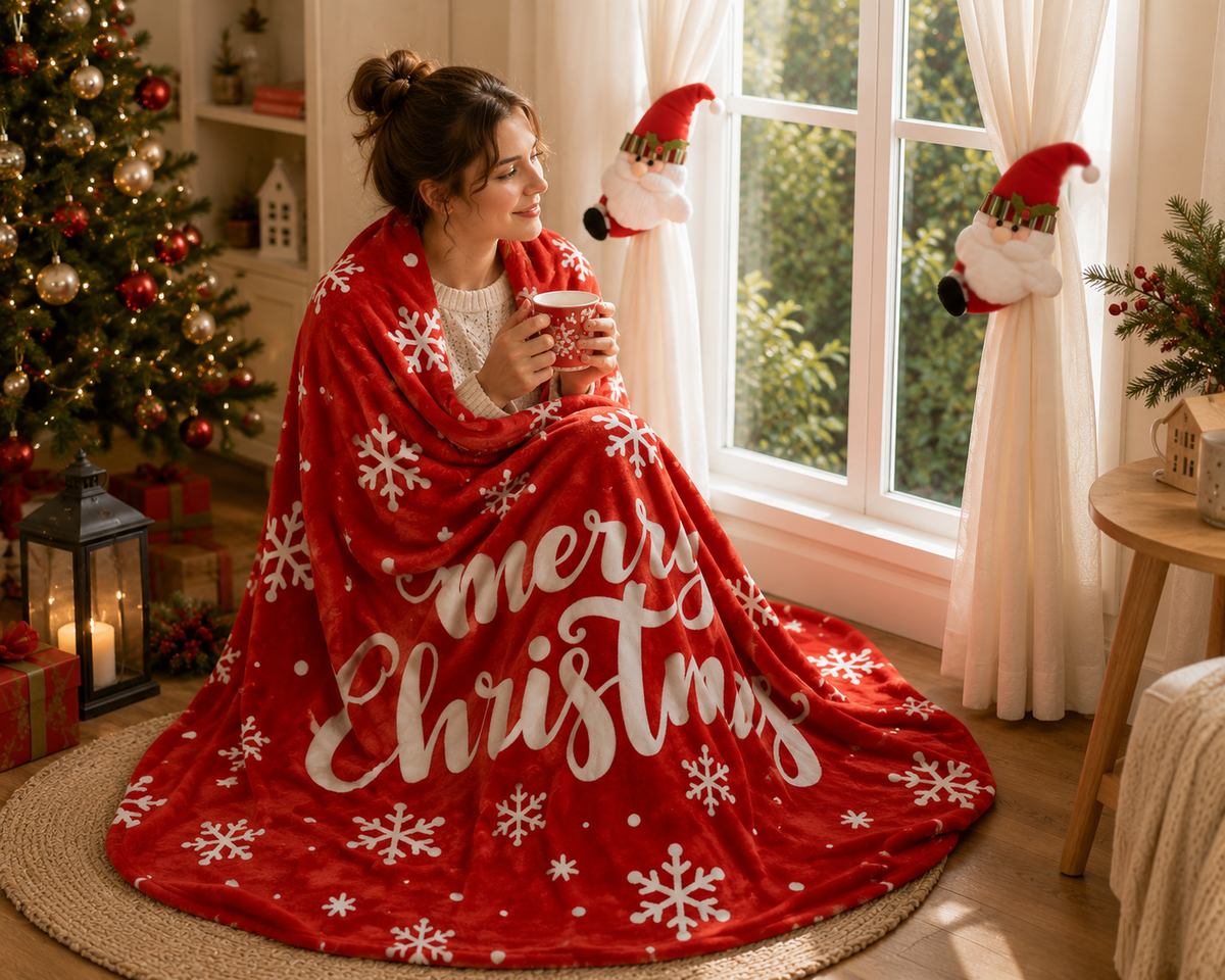Christmas Flannel Throw Blanket and Santa Curtain Tieback Set, 150*130cm Thick Fleece Sofa Blanket with 2 Plush Santa Velcro 